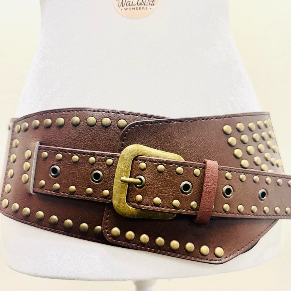 Brown faux leather studded belt with gold tone hardware